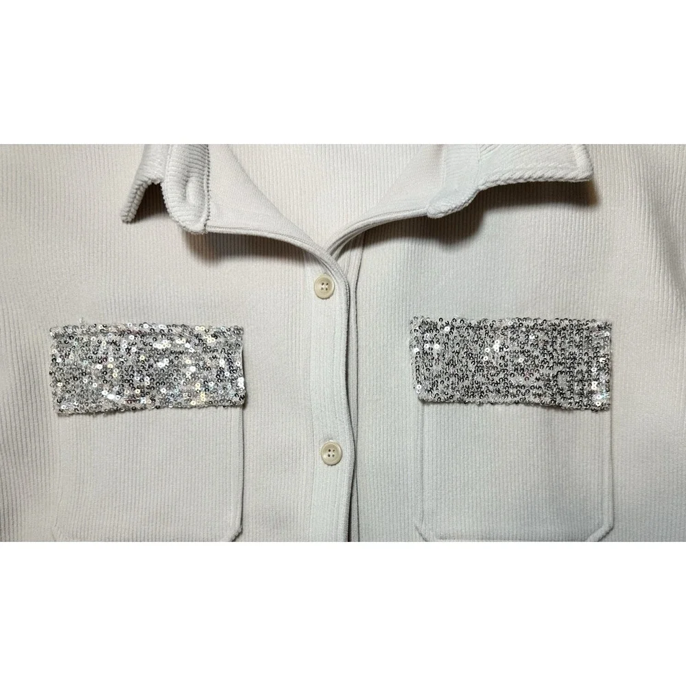 Bad Little Country Girl Women LARGE Ivory Silver Sequin Oversized Ribbed Shacket
